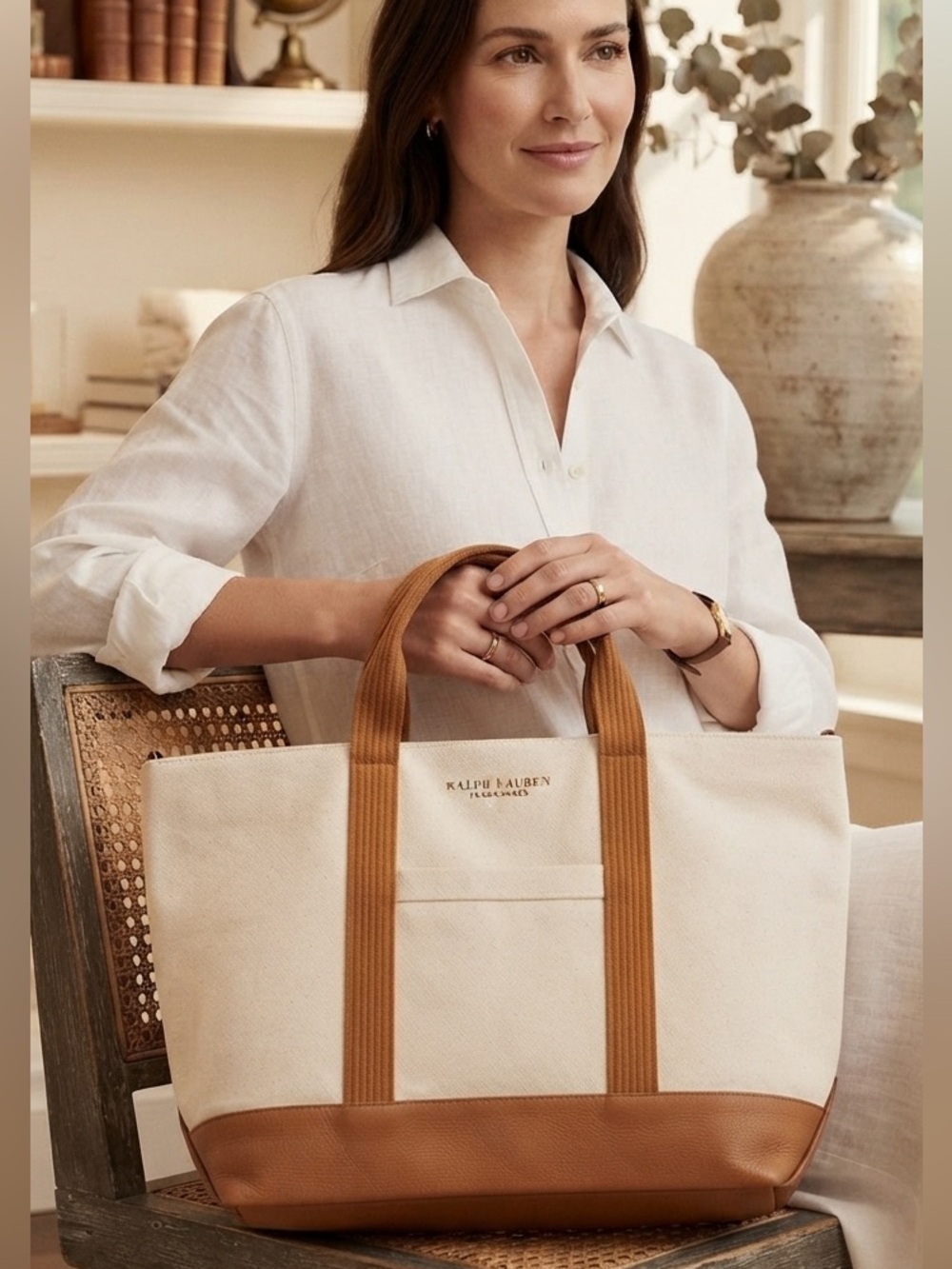 Ralph Lauren Royal Fragrances Canvas Tote in Cream and Brown Trim